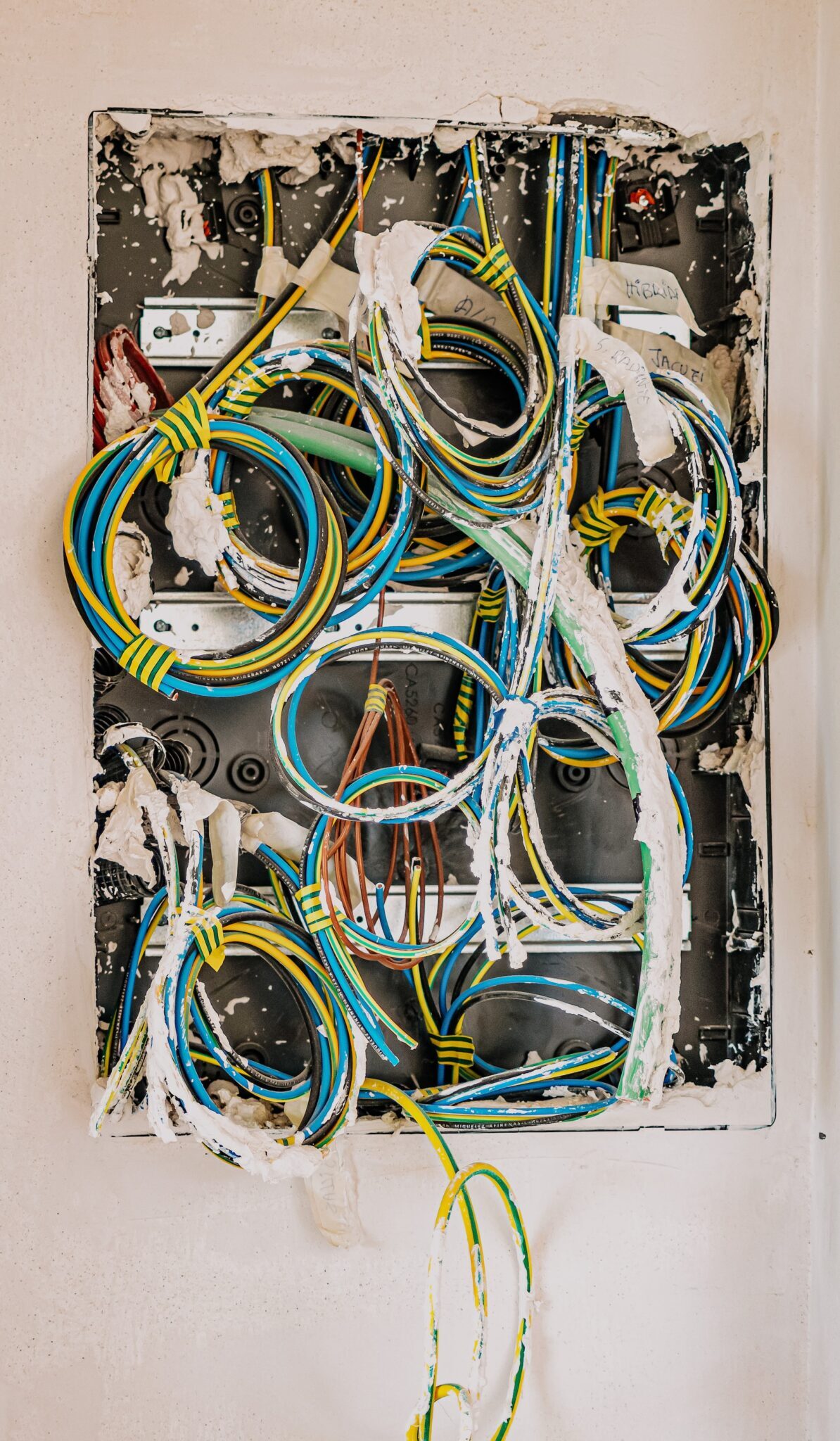 wires exposed in an open hole in a wall